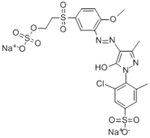 Name: Benzenesulfonic acid,3-chloro-4-[4,5-dihydro-4-[2-[2-methoxy-5-[[2-(sulfooxy)ethyl]sulfonyl]phenyl]diazenyl]-3-methyl-5-oxo-1H-pyrazol-1-yl]-5-methyl-,sodium salt (1:2) CAS 18976-74-4