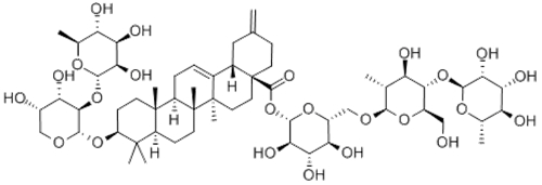 30-Noroleana-12,20(29)-dien-28-oicacid, 3-[[2-O-(6-deoxy-a-L-mannopyranosyl)-a-L-arabinopyranosyl]oxy]-, O-6-deoxy-a-L-mannopyranosyl-(1®4)-O-b-D-glucopyranosyl-(1®6)-b-D-glucopyranosyl ester,( 57356161, 57251901,3b)- CAS 114902-16-8
